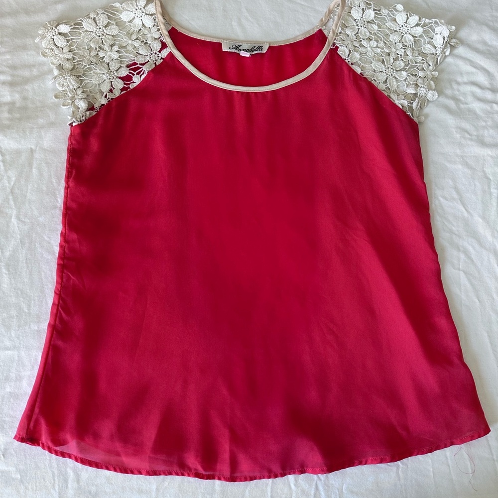 Annabella Red Blouse with White Lace Sleeves Size Medium